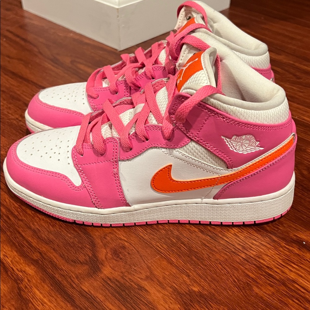 Kids Nike Air Jordan Mid Sneakers Pink & Orange & White Size 7Y - Picture 3 of 8